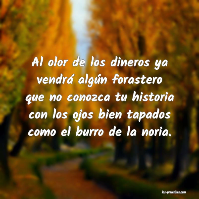 Al olor de los dineros ya vendrá algún forastero que no conozca tu historia con los ojos bien tapados como el burro de la noria.
